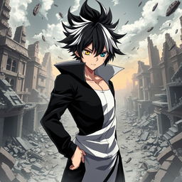 A male anime character with striking black and white hair, dramatically styled, representing his duality of power between light and darkness