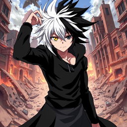 A male anime character with striking black and white hair, dramatically styled, representing his duality of power between light and darkness