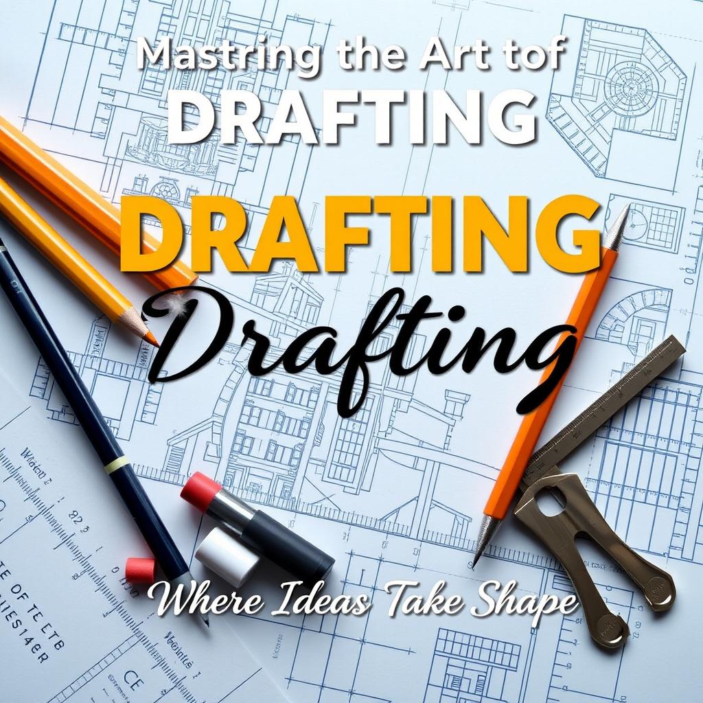 An eye-catching poster dedicated to the theme of drafting, featuring essential drafting tools such as pencils, erasers, compasses, rulers, and drafting boards