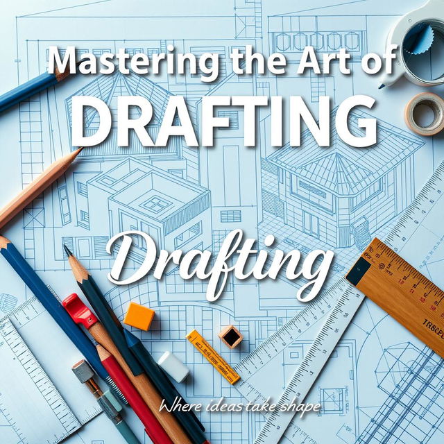 An eye-catching poster dedicated to the theme of drafting, featuring essential drafting tools such as pencils, erasers, compasses, rulers, and drafting boards