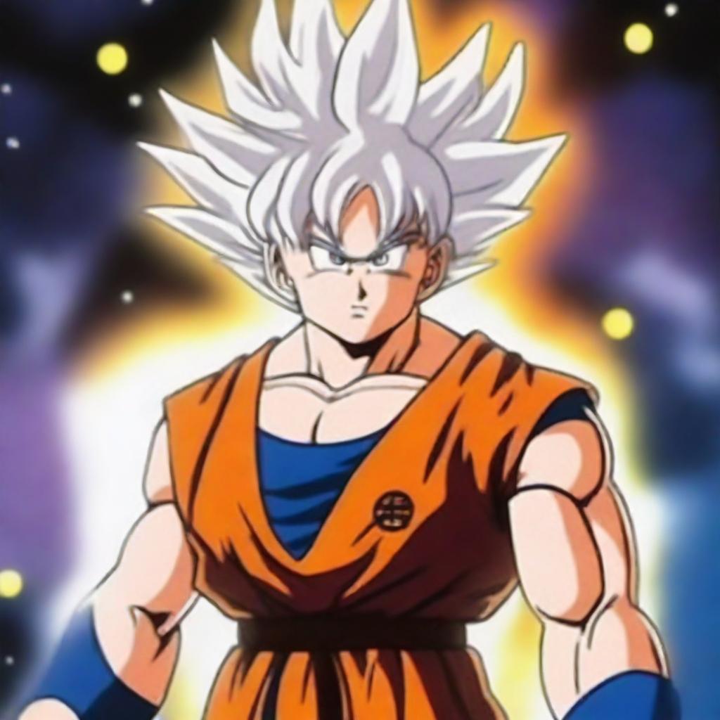 Generate an image of a real-life interpretation of Goku from Dragonball as a celestial being, his white hair shimmering with golden highlights, set against a backdrop of a glowing cosmos