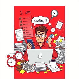A vibrant red-themed poster featuring a busy individual multitasking with a laptop and mobile phone, skillfully juggling tasks