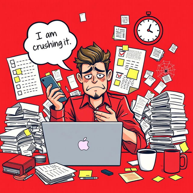 A vibrant red-themed poster featuring a busy individual multitasking with a laptop and mobile phone, skillfully juggling tasks