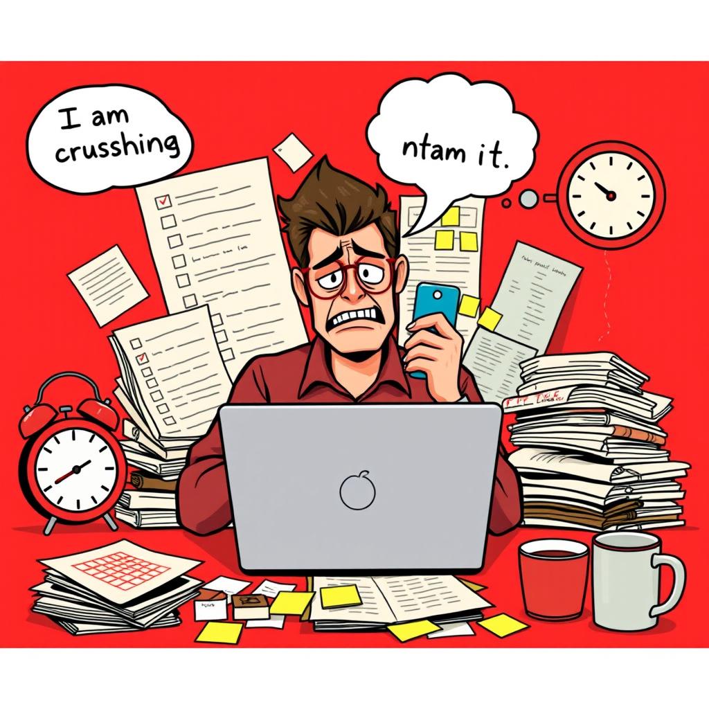 A vibrant red-themed poster featuring a busy individual multitasking with a laptop and mobile phone, skillfully juggling tasks