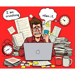 A vibrant red-themed poster featuring a busy individual multitasking with a laptop and mobile phone, skillfully juggling tasks
