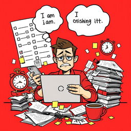 A vibrant red-themed poster featuring a busy individual multitasking with a laptop and mobile phone, skillfully juggling tasks