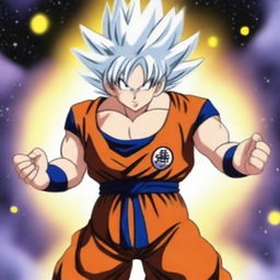 Generate an image of a real-life interpretation of Goku from Dragonball as a celestial being, his white hair shimmering with golden highlights, set against a backdrop of a glowing cosmos