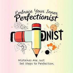 A creative poster centered around the theme of an eraser, incorporating the word 'Perfectionist' in a bold and artistic style