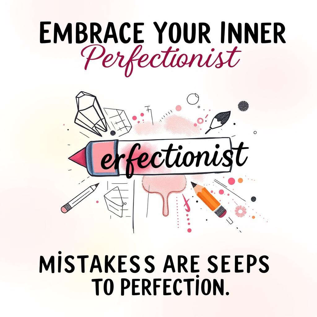 A creative poster centered around the theme of an eraser, incorporating the word 'Perfectionist' in a bold and artistic style