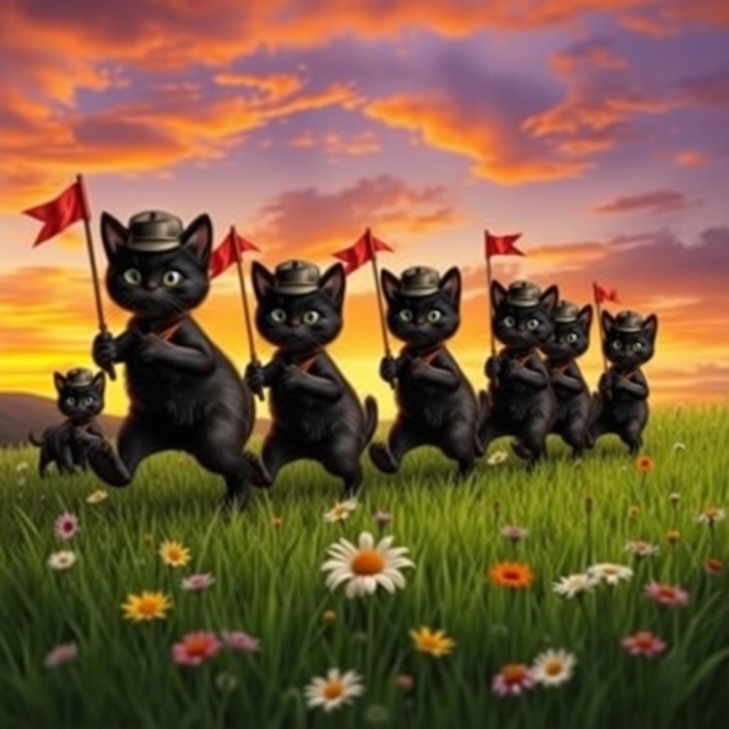 A whimsical scene depicting an army of black cats marching in formation, each wearing tiny military hats and carrying miniature flags