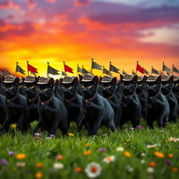 A whimsical scene depicting an army of black cats marching in formation, each wearing tiny military hats and carrying miniature flags