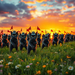 A whimsical scene depicting an army of black cats marching in formation, each wearing tiny military hats and carrying miniature flags