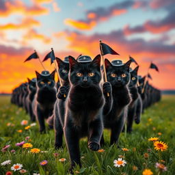 A whimsical scene depicting an army of black cats marching in formation, each wearing tiny military hats and carrying miniature flags