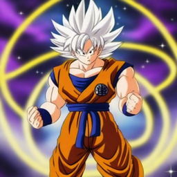 Generate an image of a real-life interpretation of Goku from Dragonball as a celestial being, his white hair shimmering with golden highlights, set against a backdrop of a glowing cosmos