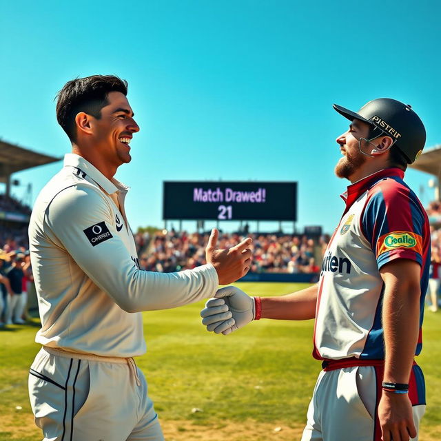 A joyful cricket scene depicting Cristiano Ronaldo and Lionel Messi laughing and shaking hands in a display of sportsmanship after an exhilarating match that ended in a draw