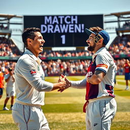 A joyful cricket scene depicting Cristiano Ronaldo and Lionel Messi laughing and shaking hands in a display of sportsmanship after an exhilarating match that ended in a draw