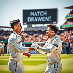 A joyful cricket scene depicting Cristiano Ronaldo and Lionel Messi laughing and shaking hands in a display of sportsmanship after an exhilarating match that ended in a draw
