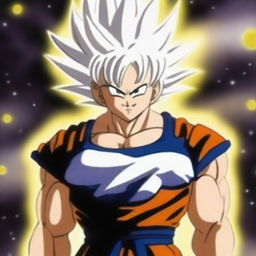 Generate an image of a real-life interpretation of Goku from Dragonball as a celestial being, his white hair shimmering with golden highlights, set against a backdrop of a glowing cosmos