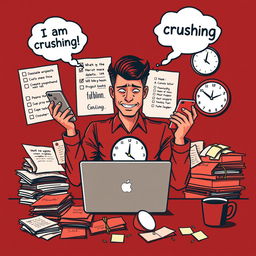 A dark red themed poster featuring a person multitasking with a laptop, mobile phone, and clock, all while juggling these items