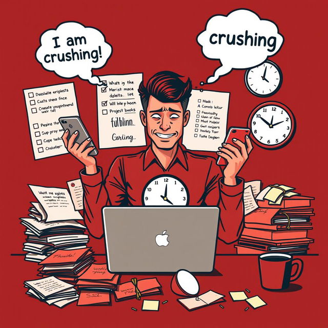 A dark red themed poster featuring a person multitasking with a laptop, mobile phone, and clock, all while juggling these items