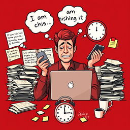 A dark red themed poster featuring a person multitasking with a laptop, mobile phone, and clock, all while juggling these items