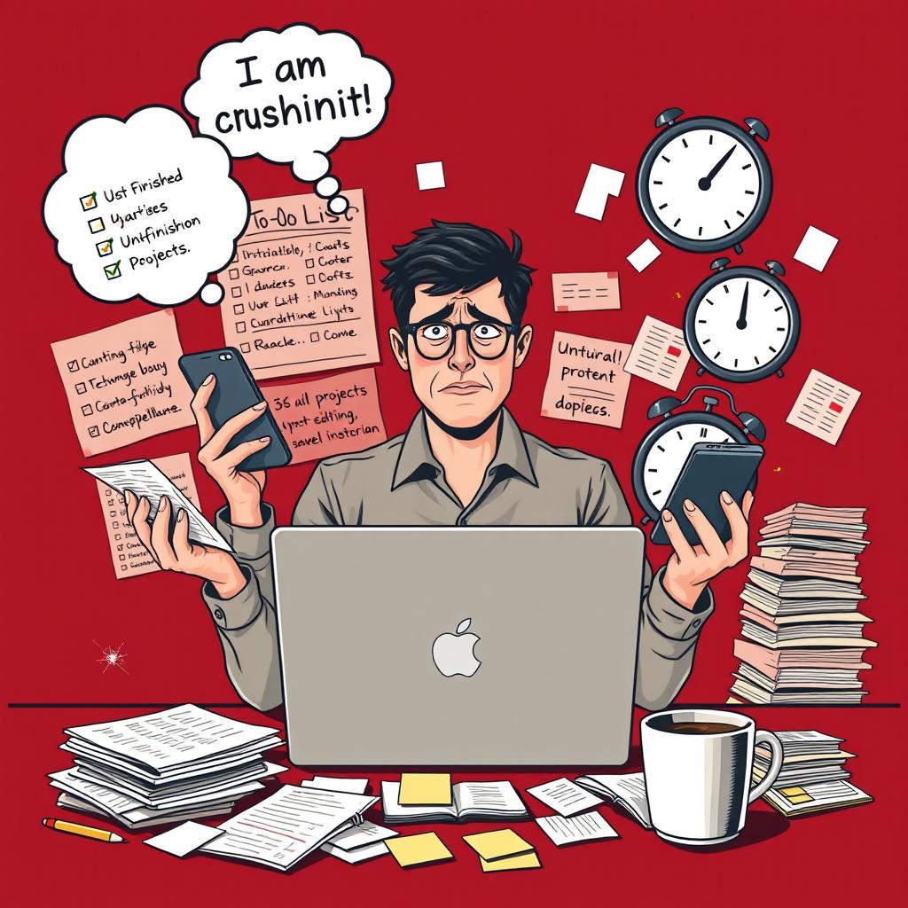 A dark red themed poster featuring a person multitasking with a laptop, mobile phone, and clock, all while juggling these items