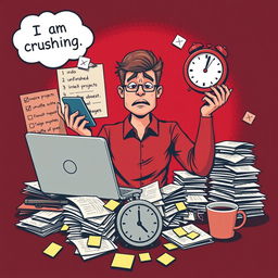 A dark red themed poster featuring a person multitasking with a laptop, mobile phone, and clock, all while juggling these items