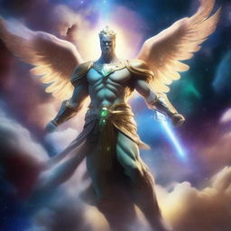 Generate an image of a celestial guardian, an ethereal figure of light and power, standing watch against a backdrop of swirling galaxies and nebulae in the vast expanse of the cosmos
