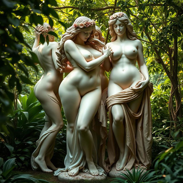 A daring and provocative artistic interpretation of femininity, featuring life-sized sculptures of voluptuous women in intertwined postures, embracing nature in a sensual environment
