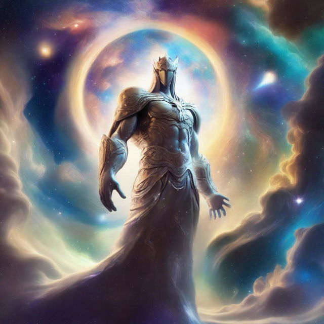 Generate an image of a celestial guardian, an ethereal figure of light and power, standing watch against a backdrop of swirling galaxies and nebulae in the vast expanse of the cosmos