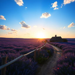 A serene landscape featuring a vast lavender field under a bright blue sky, dotted with fluffy white clouds