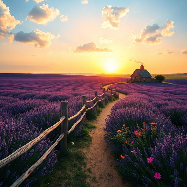 A serene landscape featuring a vast lavender field under a bright blue sky, dotted with fluffy white clouds