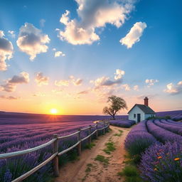 A serene landscape featuring a vast lavender field under a bright blue sky, dotted with fluffy white clouds