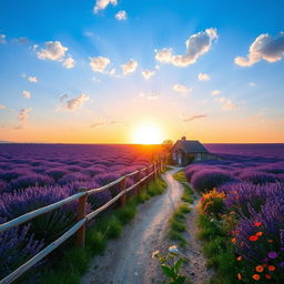 A serene landscape featuring a vast lavender field under a bright blue sky, dotted with fluffy white clouds