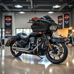 A stunning 2025 Harley Davidson Road Glide displayed prominently in a modern showroom