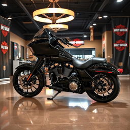 A stunning 2025 Harley Davidson Road Glide displayed prominently in a modern showroom
