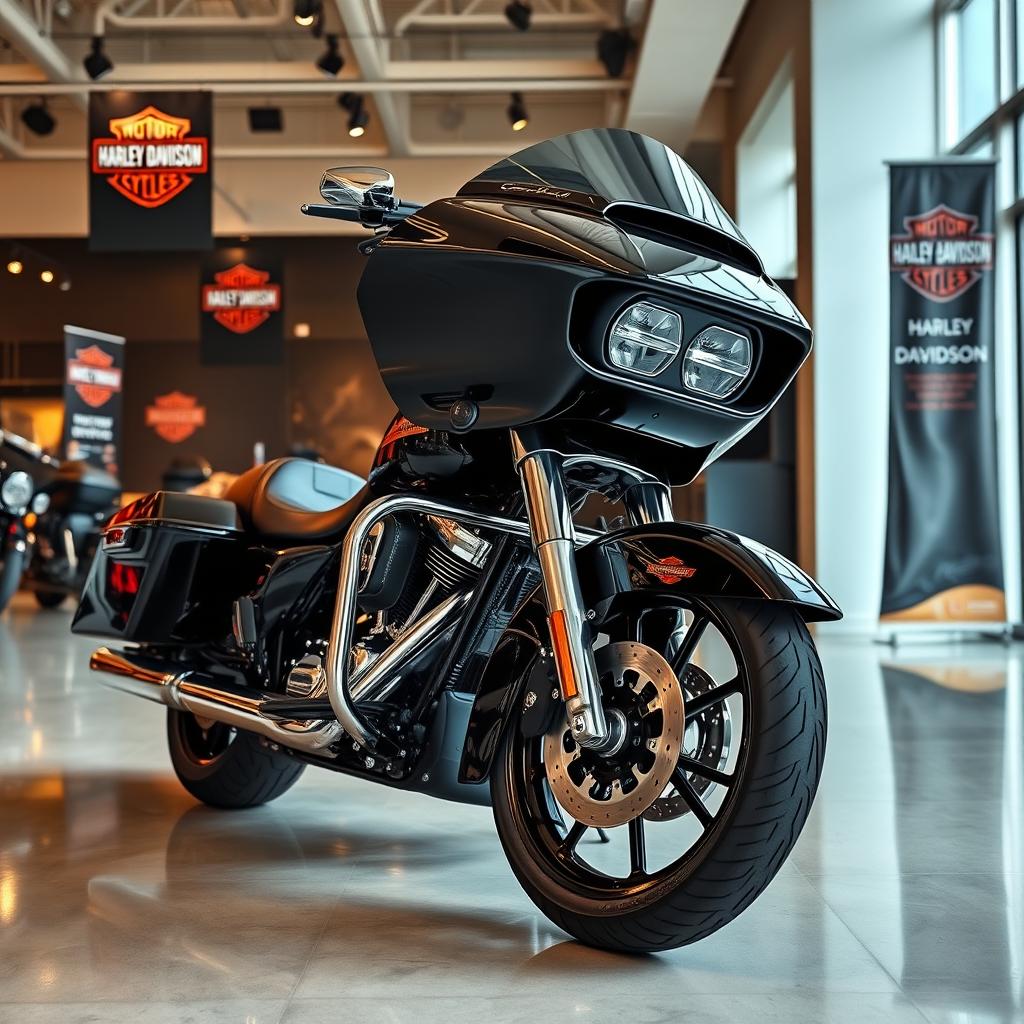 A stunning 2025 Harley Davidson Road Glide displayed prominently in a modern showroom