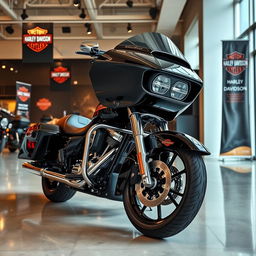 A stunning 2025 Harley Davidson Road Glide displayed prominently in a modern showroom