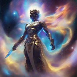 Generate an image of a celestial guardian, an ethereal figure of light and power, standing watch against a backdrop of swirling galaxies and nebulae in the vast expanse of the cosmos