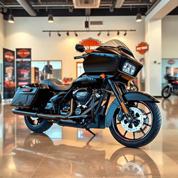 A stunning 2025 Harley Davidson Road Glide displayed prominently in a modern showroom