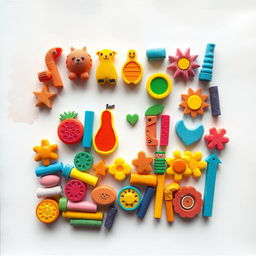 A vibrant and creative poster made with various erasers, showcasing colorful patterns and designs
