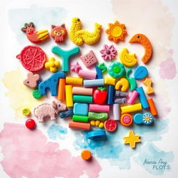 A vibrant and creative poster made with various erasers, showcasing colorful patterns and designs