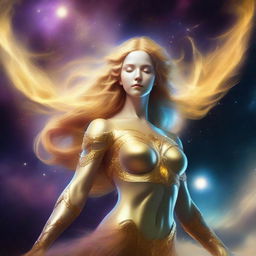 Generate an image of a celestial guardian, their golden, luminous hair flowing, set against the backdrop of a radiant nebula in the infinite expanse of the cosmos