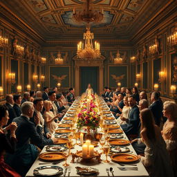 A vibrant reenactment of the grand banquet at Versailles, filled with elegantly dressed nobles and royals engaging in lively conversation
