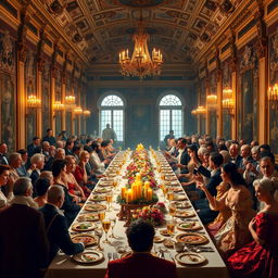 A vibrant reenactment of the grand banquet at Versailles, filled with elegantly dressed nobles and royals engaging in lively conversation