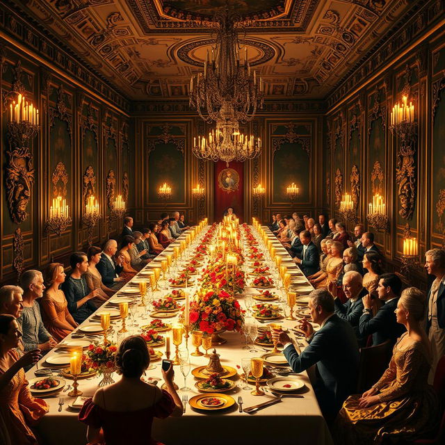 A vibrant reenactment of the grand banquet at Versailles, filled with elegantly dressed nobles and royals engaging in lively conversation