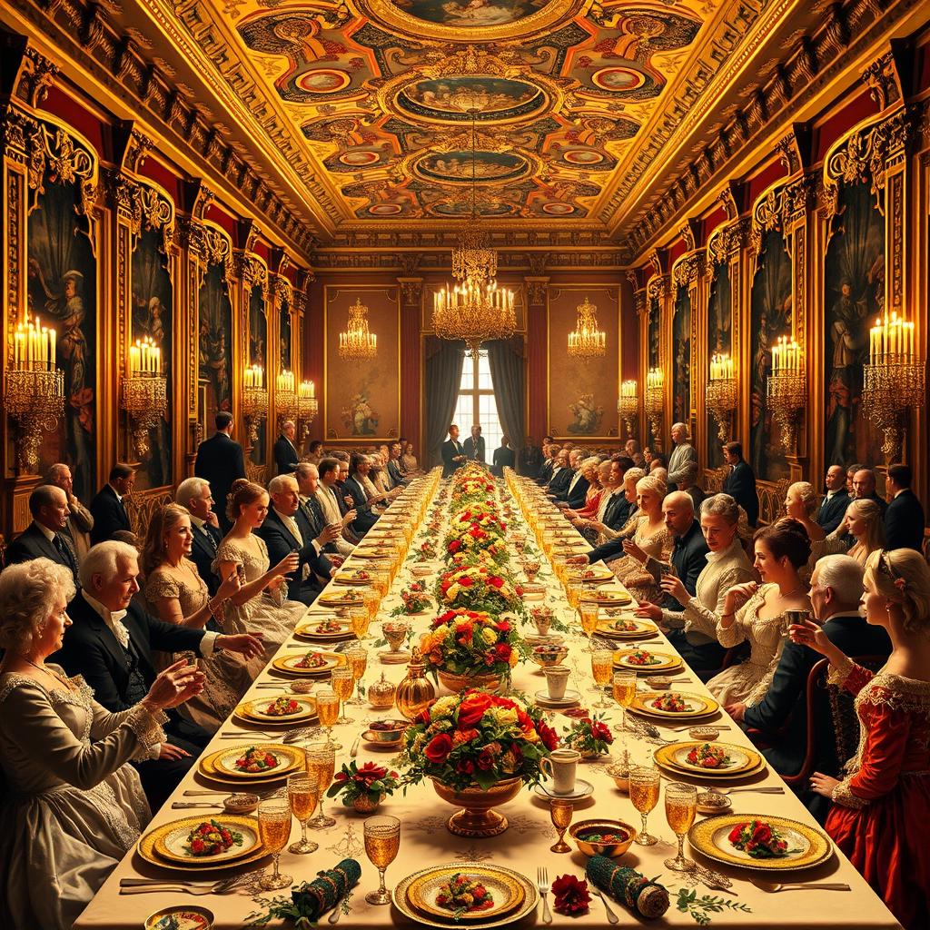 A vibrant reenactment of the grand banquet at Versailles, filled with elegantly dressed nobles and royals engaging in lively conversation