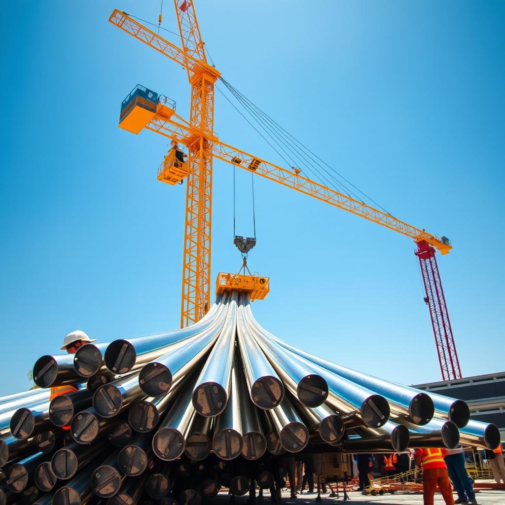 A powerful construction crane lifting shiny stainless steel rods against a clear blue sky