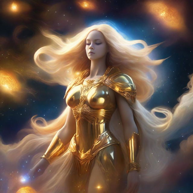 Generate an image of a celestial guardian, their golden, luminous hair flowing, set against the backdrop of a radiant nebula in the infinite expanse of the cosmos