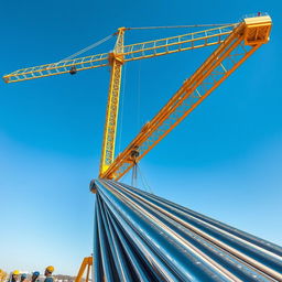 A powerful construction crane lifting shiny stainless steel rods against a clear blue sky